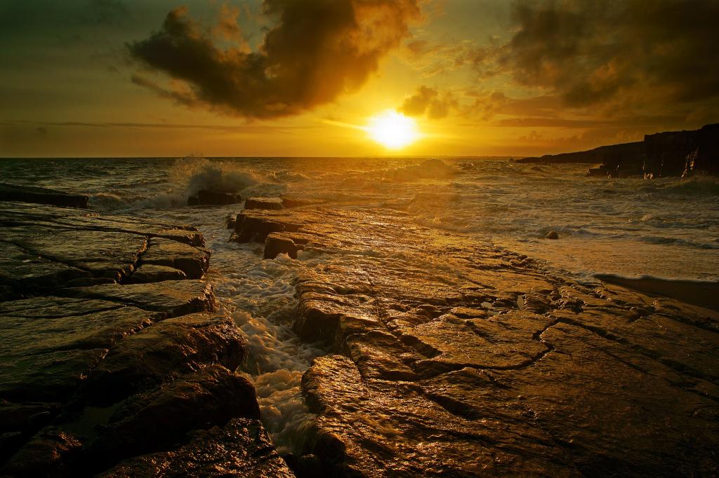 海,波浪,石头,日落