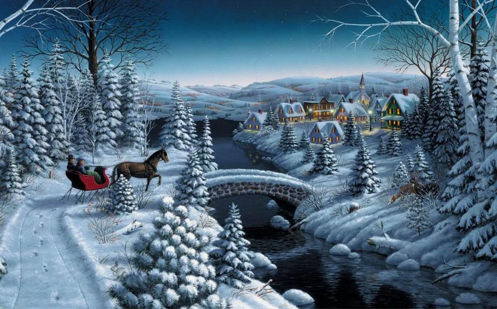 雪橇,树,车皮,冬天,晚上,地球上的和平,马克·达林,星星,河,桥,云杉,...
