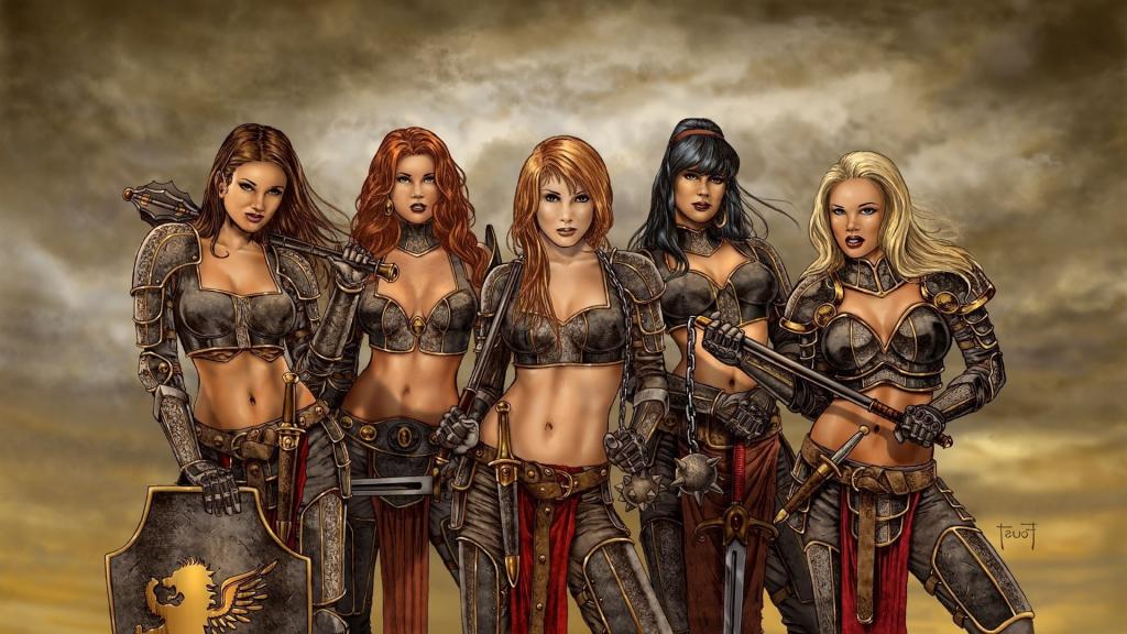 战士,红色,红发,女孩,金发,黑发,匕首,武器,盾,红头发