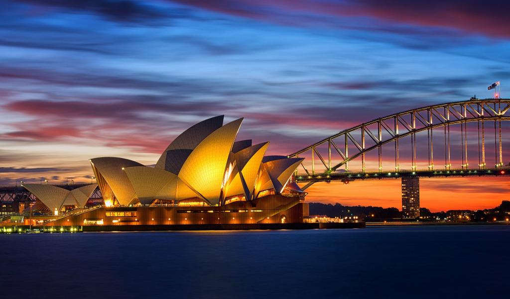 桥,悉尼,灯光,湾,海,灯,晚上,澳大利亚,橙色,天空,歌剧院,云,...  - 