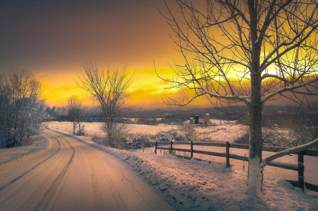 雪,冬天,发光,道路,树木,傍晚,天空,云彩