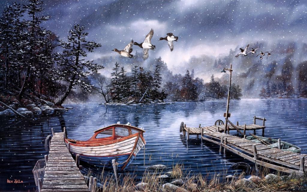 壁纸肯Zylla,伍兹湖,船,绘画,鸭,深秋,第一场雪,湖,...