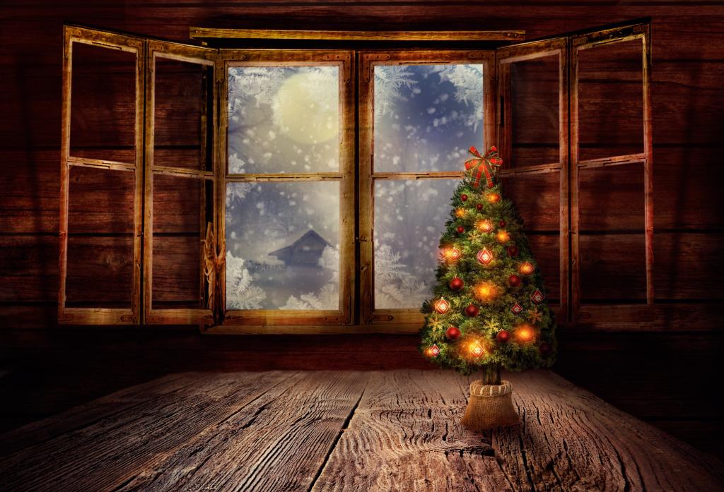 月亮,夜晚,雪,窗,百叶窗,树,圣诞装饰品