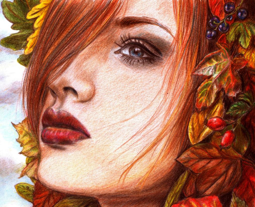 看,绘画,脸,叶子,浆果,化妆,头发,红红的嘴唇,女孩