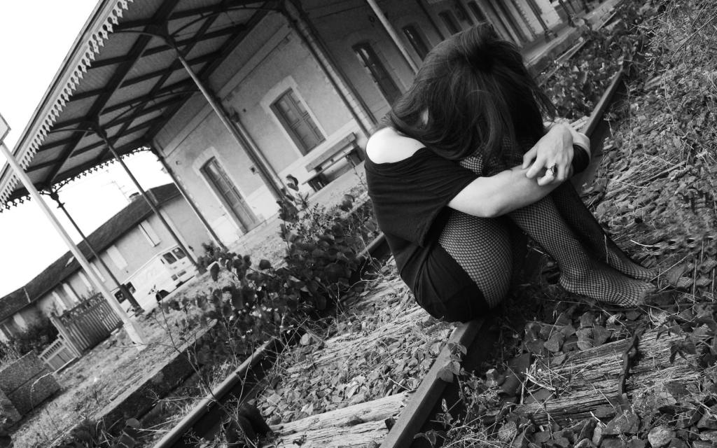 Train station, black&white, black clothes, black tights, sad girl, sadness, grey sky