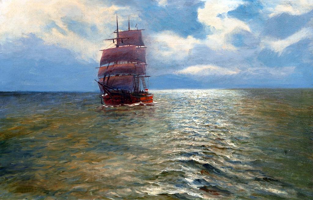 海,图片,船,风帆,阿尔弗雷德·詹森,天空,风景