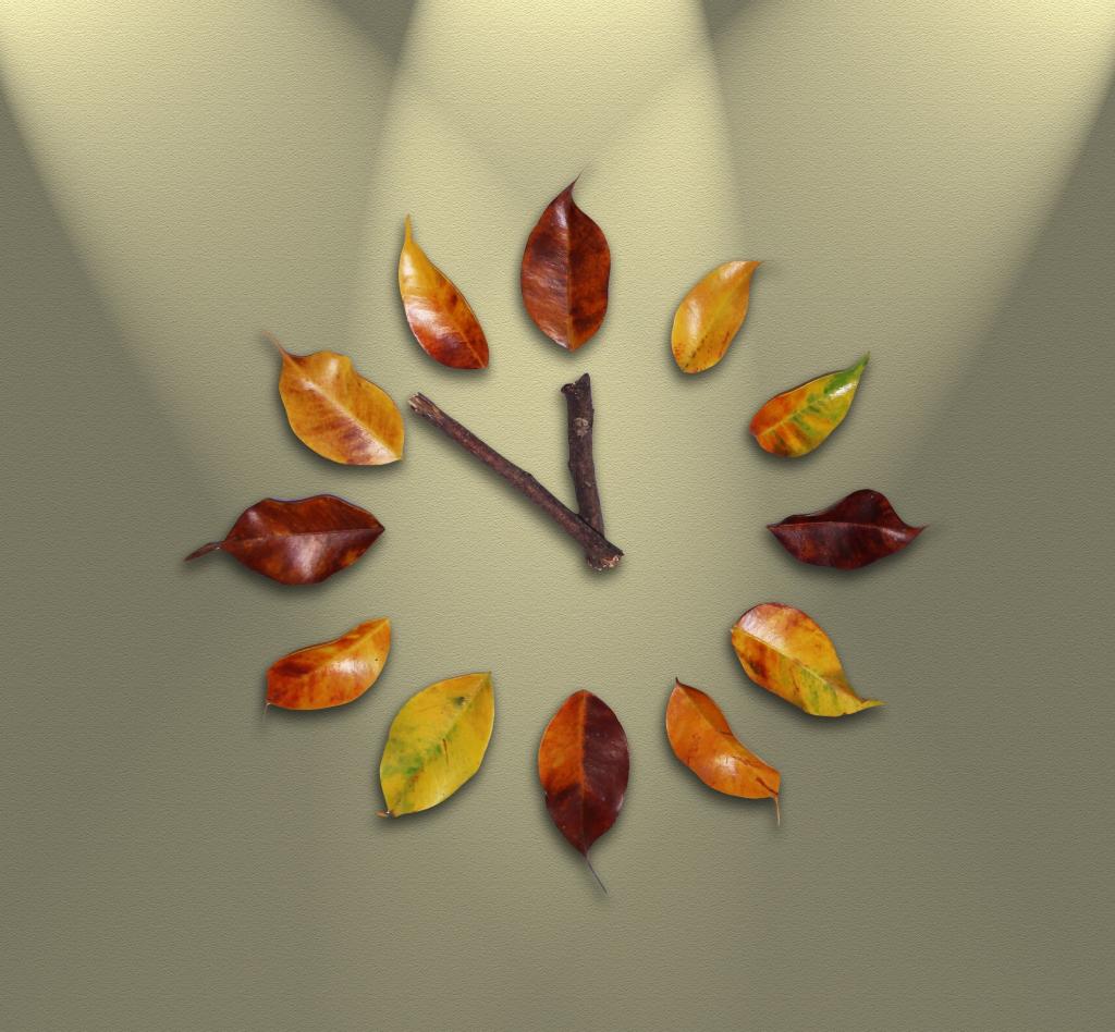 棕色的叶子时钟设计高清壁纸