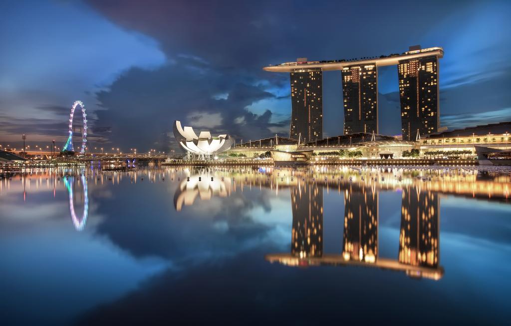 连城,摩天大楼,建筑,蓝色,灯,灯,晚上,夜,新加坡,天空,云,背光,云,天空,...  - 