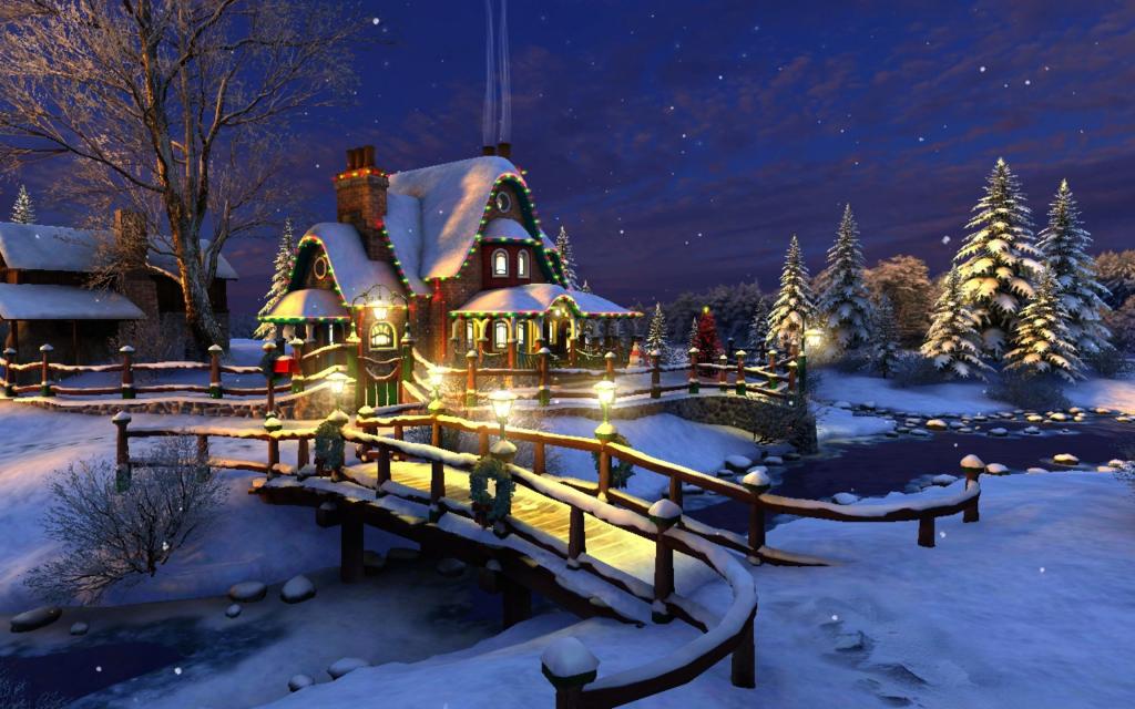 假期,冬季,树,灯,晚上,星星,流,河,桥到小屋,桥,云杉,雪,...