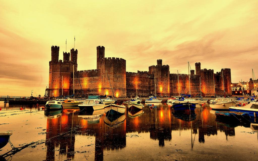 卡纳芬城堡,塔,城堡,小船,堡垒,英国,晚上,河,北威尔士,日落