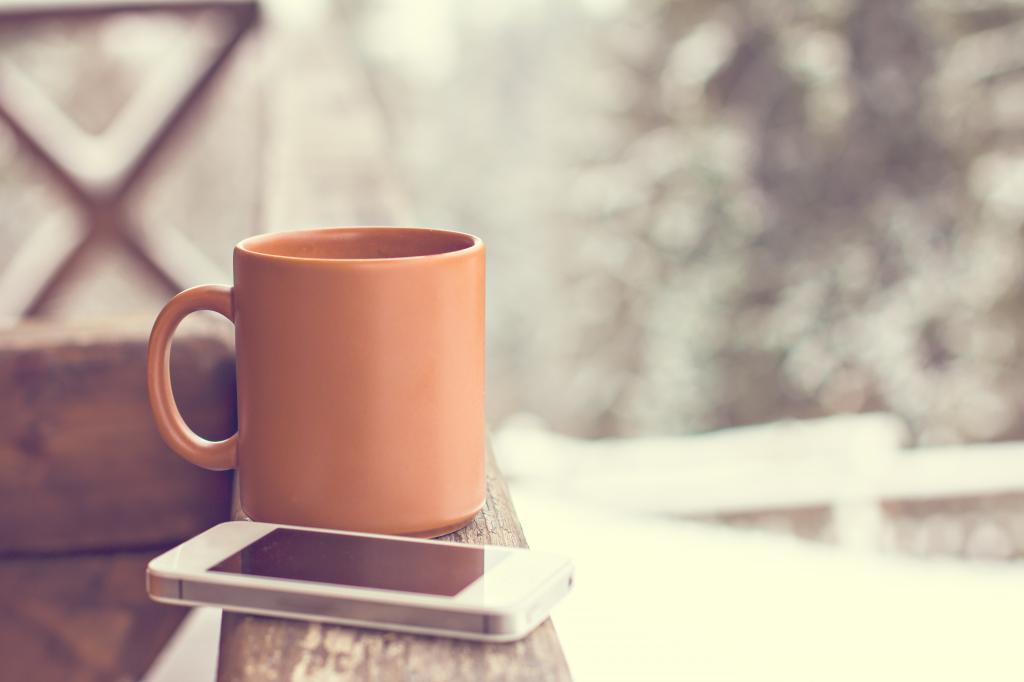 热,杯,雪,盅,智能手机,冬天,咖啡