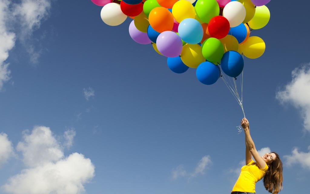 女孩,积极,喜悦,天空,云彩,气球