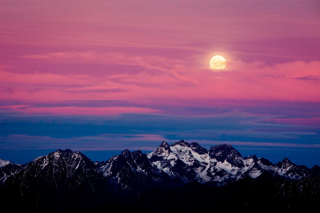 月亮,阿尔卑斯山,雪,山,景观,日落