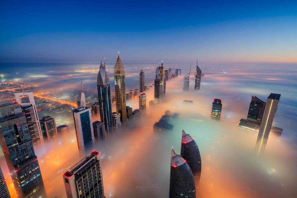 这个城市,阿联酋,雾,夜晚,迪拜,灯