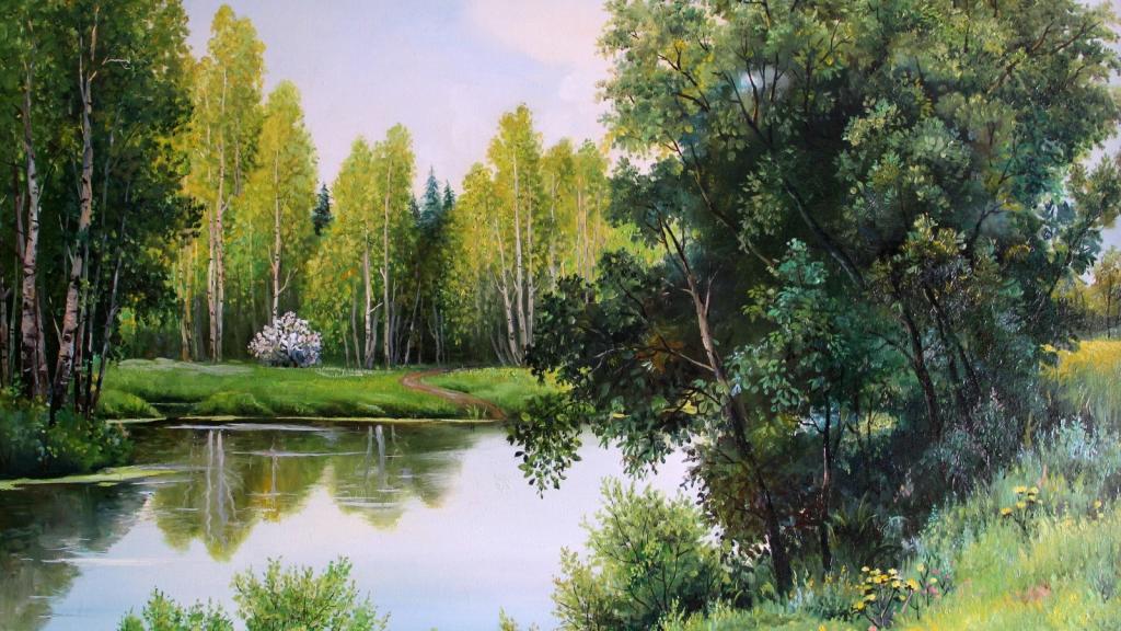 壁纸Gorbatenko,船,五月绿色,性质,树,灌木,岸,图,河,森林,帆布,景观
