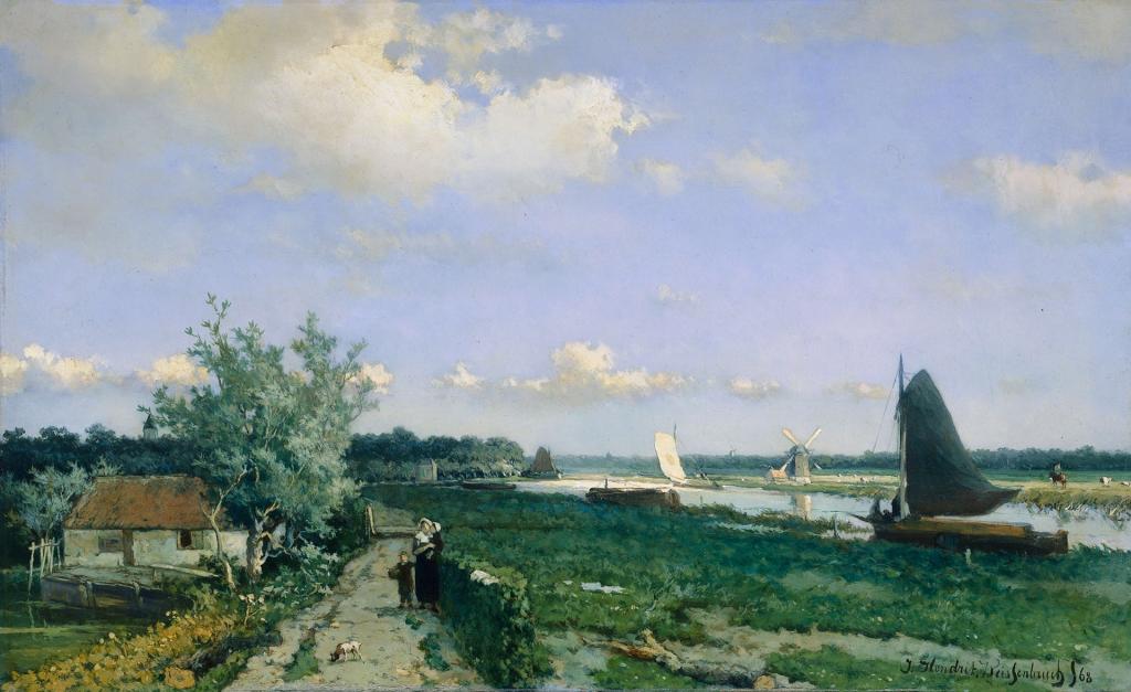 帆,景观,Johan Hendrik Weissenbruch,树,油,船,图片,在Rijswijk的运河运河