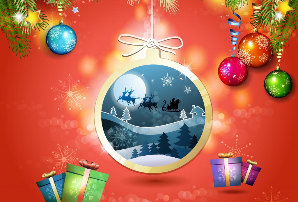 壁纸树,圣诞老人,礼物,圣诞装饰品,雪花,新年除夕,鹿,森林