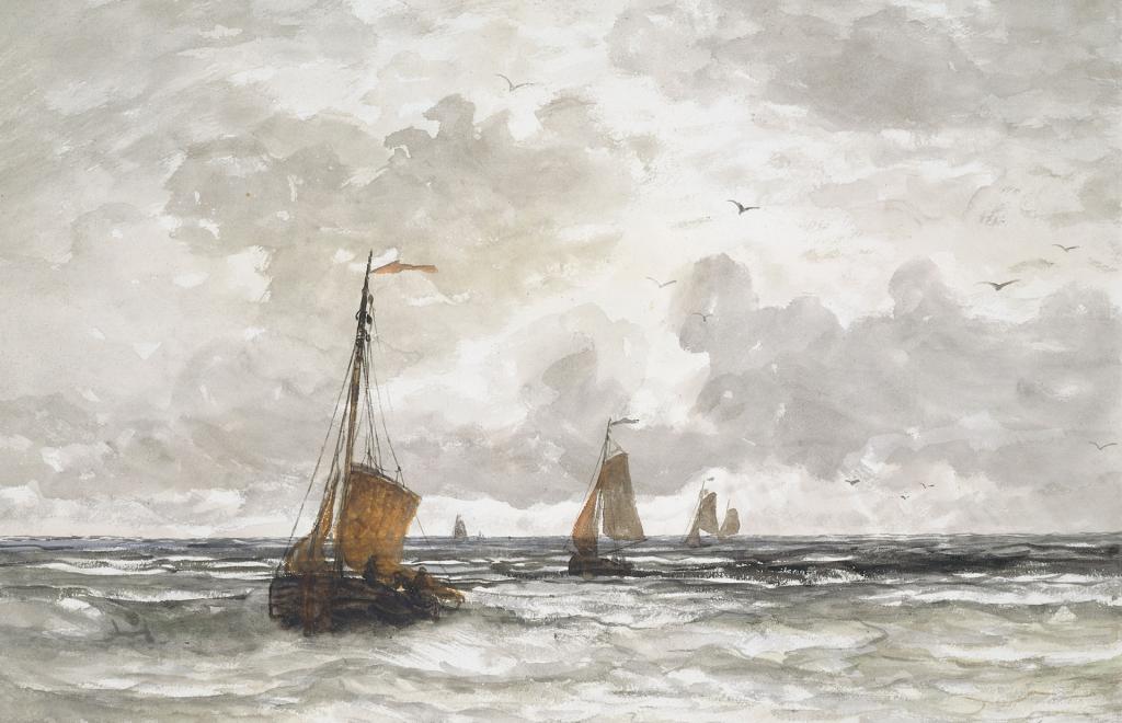 渔船在海,帆,水彩,图,海,亨德里克威廉Mesdag,船,船