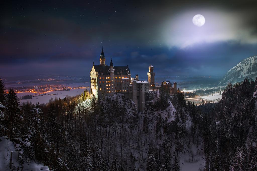 月亮,夜晚,德国南部,西南巴伐利亚州,新天鹅堡等