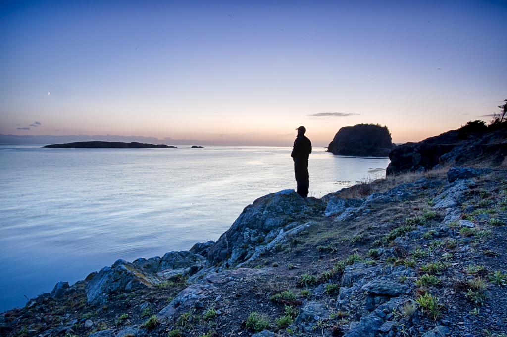 在白天,华盛顿,圣胡安群岛国家纪念碑高清壁纸戴帽站在蓝色的大海附近的人的剪影