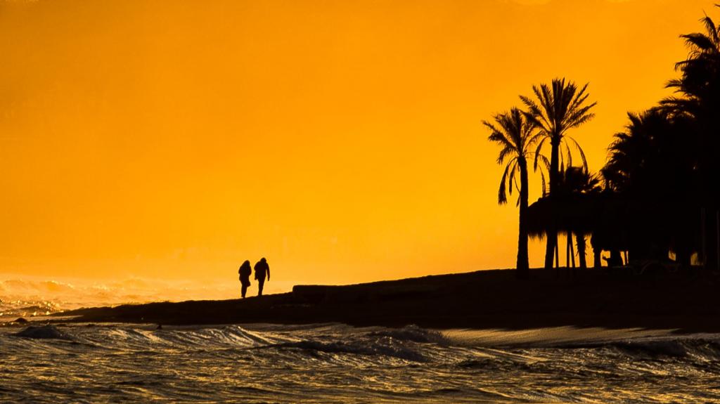 在金色的小时高清壁纸走在海边附近的夫妇的照片