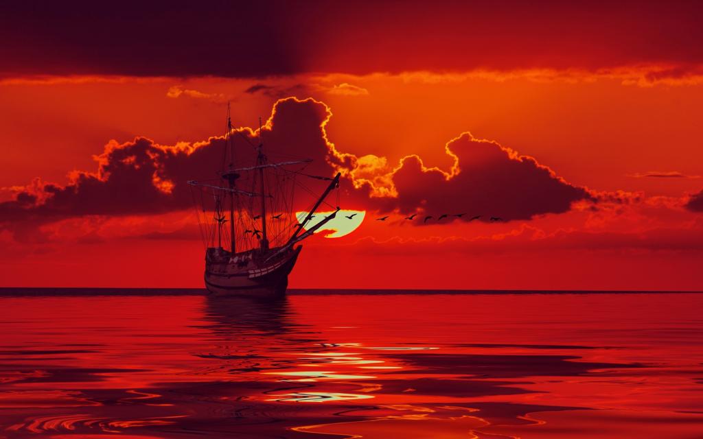 桅杆,剪影,地平线,天空,太阳,云,鸟,海,帆船,发光,3D图形,船