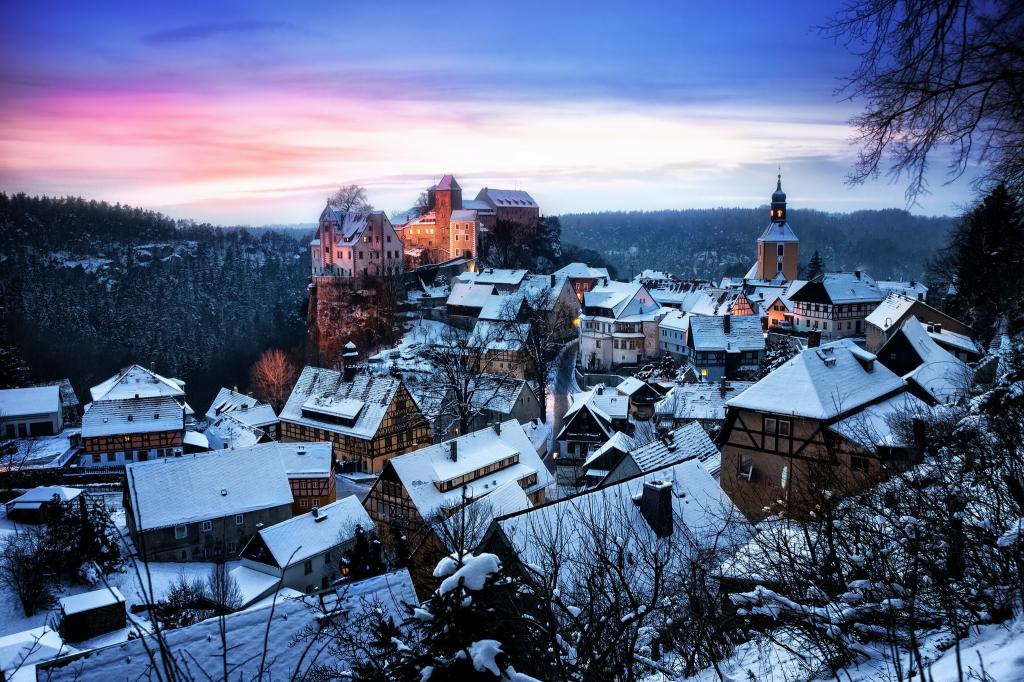 房子,雪,冬天,德国,树,Hohnstein,城堡,堡垒,萨克森,晚上,森林,日落