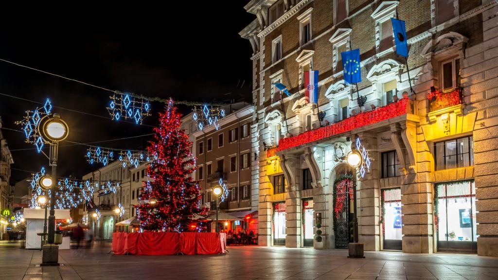 克罗地亚,新年,灯,花环,里耶卡,新的一年,2017年,圣诞节,晚上,装饰,树,面积,克罗地亚,...