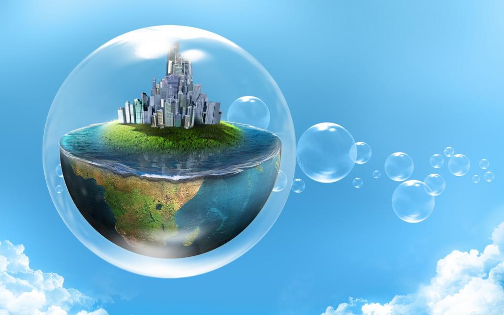 泡沫,创意,行星,城市,水,一半,天空,云