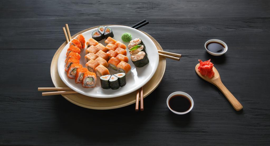 寿司,寿司,卷,芥末,酱,姜,套,日本食品,棍棒