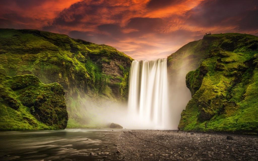 壁纸山,性质,瀑布,斯科加瀑布,冰岛,斯科加瀑布,冰岛,天空,河流,日落