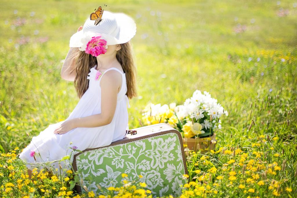 坐在绿色草地上的手提箱上的白色连衣裙的女孩高清壁纸