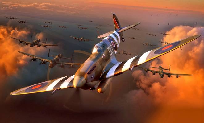 第二次世界大战,图,WW2,四引擎轰炸机,Avro 683兰开斯特,战斗机,Supermarine,喷火Mk.IXe,...