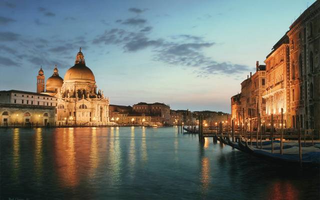 敬礼,威尼斯在夜间,大教堂,圣玛丽亚德拉礼炮大教堂,大...
