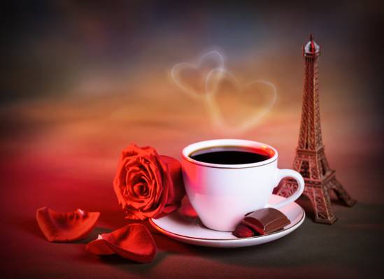 夫妇,杯,心脏,埃菲尔铁塔,红色,咖啡,拉埃菲尔,玫瑰,花瓣,巧克力,雕像