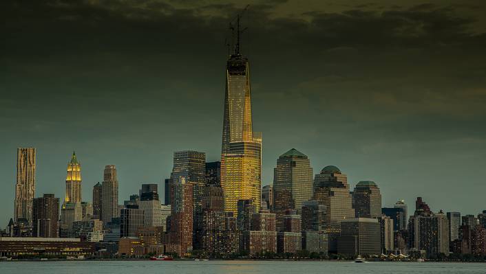 曼哈顿,摩天大楼,纽约市,曼哈顿,全景,纽约,城市,晚上,视图,美国