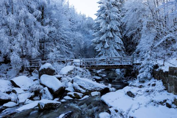 积雪覆盖的桥梁和岩石与河高清壁纸