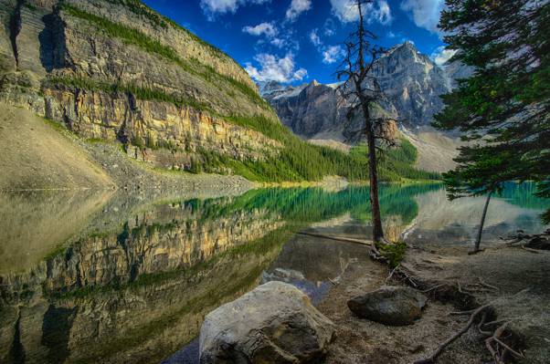 湖,反射,山,树木,加拿大,石头