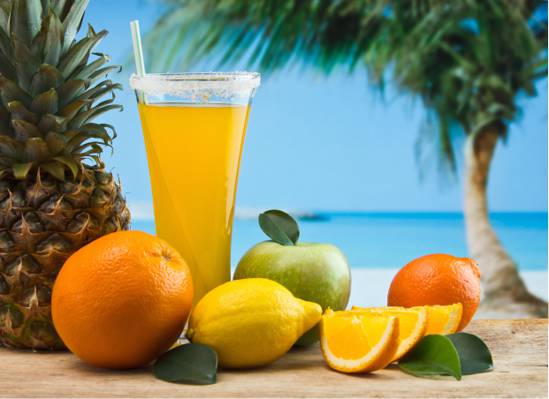 柠檬,玻璃,果汁,开胃,沙,海,苹果,水果,橙,菠萝,帕尔马,天空,管