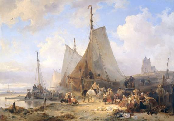 Wijnand Nuijen,帆船,与渔民和妇女在海滩上渔船,排序渔获量,...
