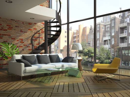 壁纸沙发,窗户,现代阁楼,楼梯