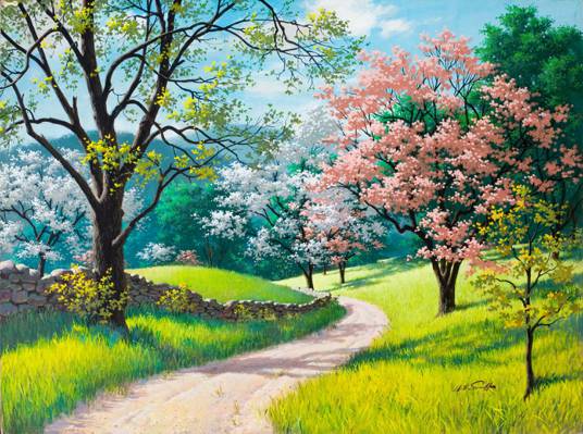 春天开花,树木盛开,路,绘画,绿草,亚瑟·萨隆萨尔诺夫,石围墙,春天