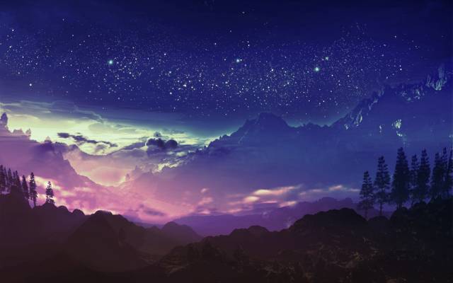 和-k,夜晚,山,艺术,天空,星星,云