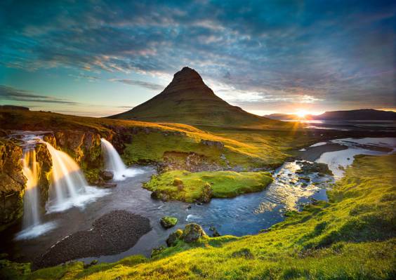 山,早晨,瀑布,Grundarfjordur,冰岛,Kirkjufel,太阳,河