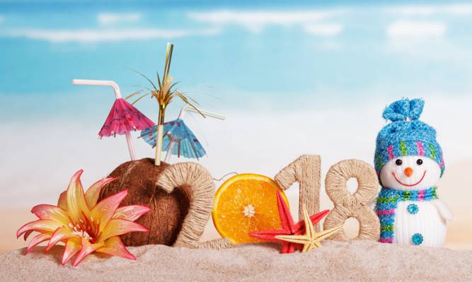 雪人,新年,装饰,快乐,节日庆典,2018年,沙滩,沙滩,沙,新年,雪人,装修