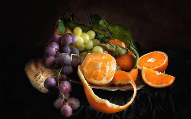静物,橙,水果,葡萄