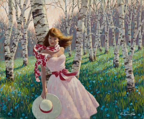 鲜花,绘画,亚瑟·萨隆萨尔诺夫,粉红色的连衣裙,桦木森林,女孩,森林,春天,桦木