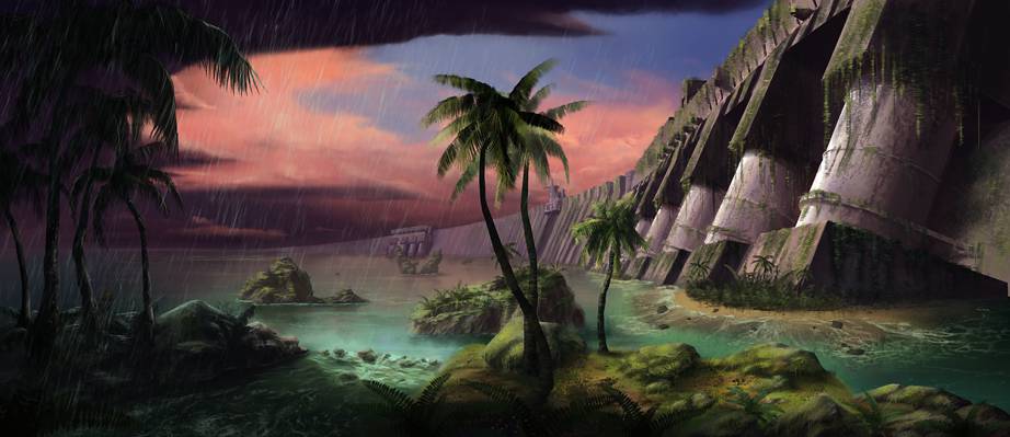 棕榈树,云,安德鲁Palyanov,艺术,雨,废墟,风暴,水,灌木丛