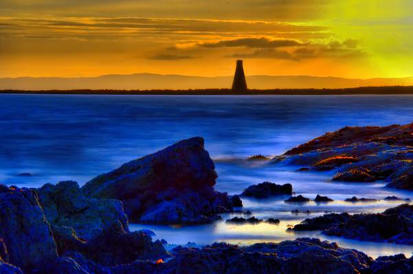 日落摄影,ardrossan高清壁纸海洋附近的灯塔的轮廓