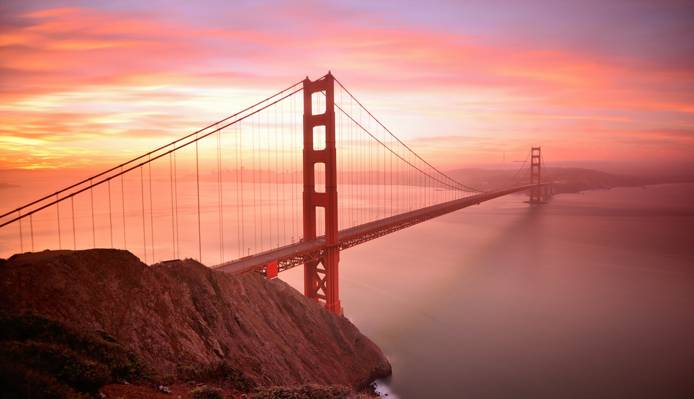 桥,旧金山,金门,天空,湾,云,日落